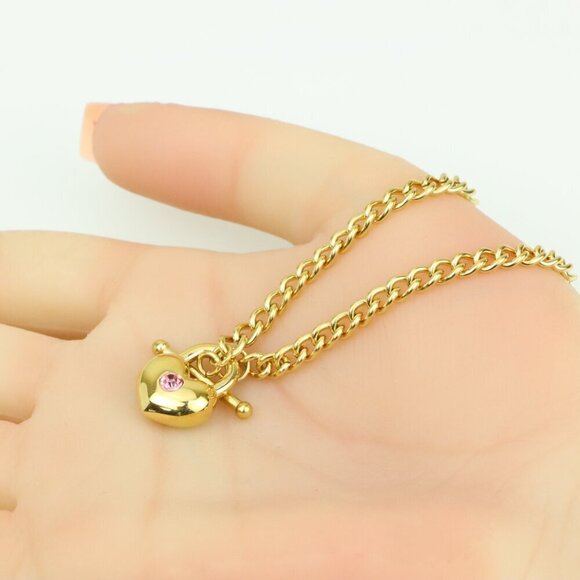 Chunky Gold Chain Necklace with Heart Pendant and Pink Stone, XPNL0372 - Picture 3 of 13